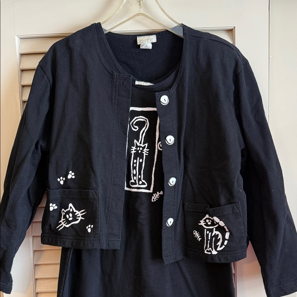 Vintage Terrycloth Black Cat Print Jacket and Dress Set - Large